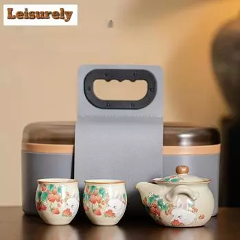 Чайный сервиз Cream Ru Kiln Strawberry Bunny, полный комплект, эксклюзивный чайный сервиз, 1 чайник, 2 чашки, переносная походная сумка для хранения