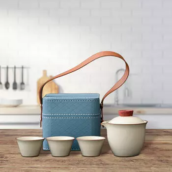 Чайный сервиз для путешественников: Керамический чайник и чашки в стильном футляре для переноски Set A