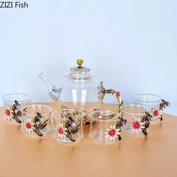 Чайный сервиз из прозрачного стекла, устойчивый к высоким температурам, из семи предметов, китайский чайный сервиз в стиле кунг-фу, подарочная коробка, набор для заваривания чая, подарок для друзей