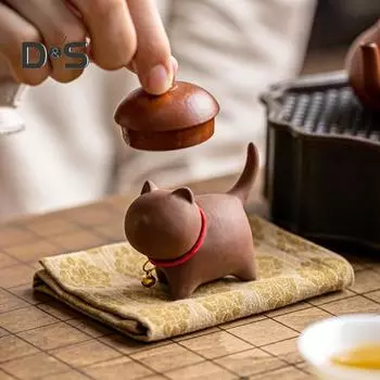 Чайный сервиз «Котенок» с изображением питомца в стиле кунг-фу, изготовленный вручную из фиолетового песка, для чайного домика в стиле восточной элегантности, для стола, домашнего офиса, чайной комнаты, уникальный подарок для любителей чая дубильная кора