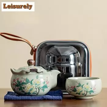 Чайный сервиз Pea Green Ru Kiln из фарфора, винтажный, 1 горшок, 1 чашка, портативный дорожный чайник, гибискус, дизайнерская уличная сумочка, ремесло