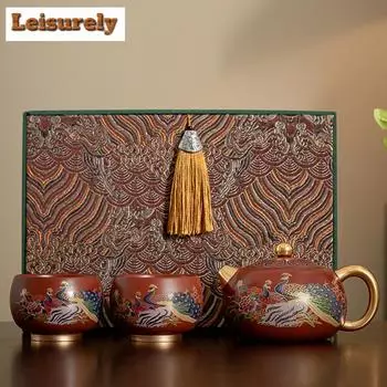Чайный сервиз Phoenix Dahongpao из фиолетовой глины ручной работы, полный комплект, антикварный набор для чайной церемонии, 1 чайник и 4 чашки, коллекция чайных принадлежностей