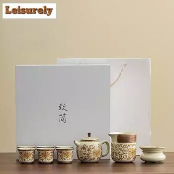 Чайный сервиз Ru Kiln Golden Flower Blessing, полный комплект, эстетический набор для чайной церемонии, чайник и чайная чашка, китайский чайный сервиз, украшения