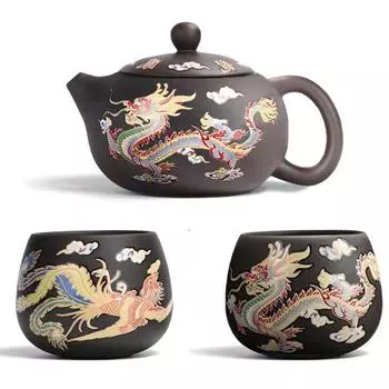 Чайный сервиз ручной работы с драконом и фениксом, меняющий цвет, чайник из фиолетовой глины, чайник Zisha, набор для заваривания чая премиум-класса с минеральным песком D