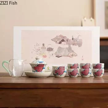 Чайный сервиз «Рыба-дракон», офисный керамический чайный сервиз «Кунг-фу», железная чаша «Гуаньинь Пуэр» с тремя талантами, аксессуары для китайской чайной церемонии