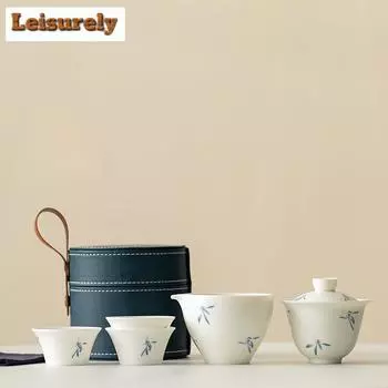 Чайный сервиз с бабочкой и орхидеей, нарисованный вручную, комплект Zen, 1 миска, 3 чашки, чайник, чайный сервиз, портативный, кожаная сумка Trave, китайский чайный сервиз, подарок