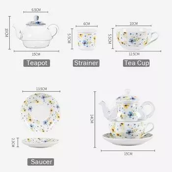 Чайный сервиз с цветочным узором для одного человека, стеклянный чайник с цветком сакуры, фарфоровое блюдце и чашка с подарочной коробкой Four-piece Set синий