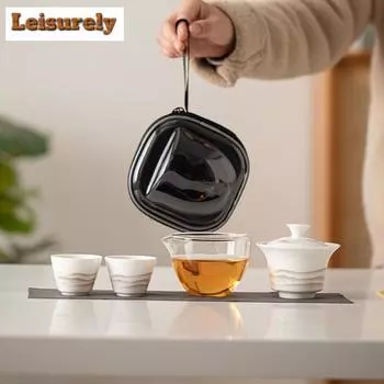 Чайный сервиз Sheep Fat Jade с чернилами Distant Mountains в стиле ретро, 1 чайник, 2 чашки, переносная сумка для заваривания чая, аксессуары для чайной посуды