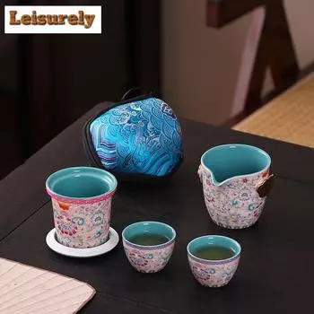 Чайный сервиз в китайском стиле с эмалевым цветом Blooms Rich, старинный, 1 чайник, 2 чашки, переносная посуда для кемпинга, аксессуары для чая, украшения