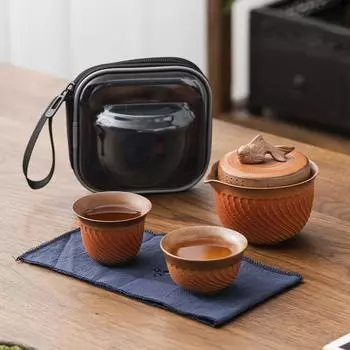 Чайный сервиз в стиле ретро из грубой керамики, 1 чайник, 2 чашки, 1 пакетик, переносной дорожный чайный сервиз в стиле кунг-фу, керамическая и глиняная посуда, чайная гайвань