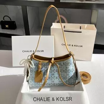 Chalie Kolsr Western Style Niche Diamond-Embedded Tote Bag 2025 New High-Grade Contrast Color Denim Underarm Bag Blue