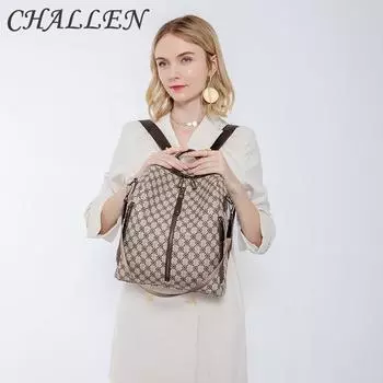 CHALLEN Весенне-летняя новая женская сумка, европейские и американские рюкзаки большой вместимости с принтом в стиле ретро, простой в использовании дорожный рюкзак M чёрный