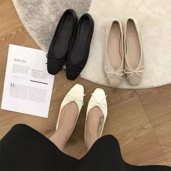 Champagne bow square head light mouth flat bottom single shoes women s spring 2024 new gentle satin surface grandma shoes 35 чёрный