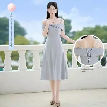 Champagne Niche Style Sisters Group Dress Spring and Summer Satin Grey [E strap shoulder] Mid Length Long Length XXL