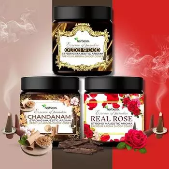 Chandan, Rose, Oud Dhoop Cones, 3 натуральных аромата в упаковке, стойкие, величественные ароматы Ittar, 100% натуральные, с низким содержанием дыма (Чандан, роза и уд)