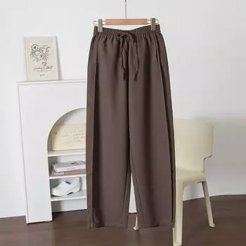 [Changshu Gear] Soft Band Crisp Feeling @ Solid High Waist Elastic Loose Straight Pants Women Curved Pants Trousers Coffee M