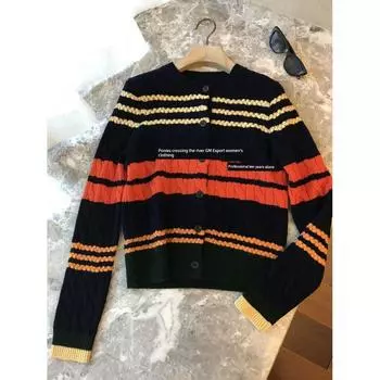 Channel Goods, Cabinet 2.9K +!! Retro Old Qian Feng Younger Contrast Color Twisted Flower Knitting Cardigan Sweater Female Fall and Winter Navy blue M