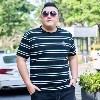 Chao Мужская толстая летняя свободная футболка больших размеров с короткими рукавами Fat Man Fat в эластичную полоску, тонкая рубашка 2XL синий