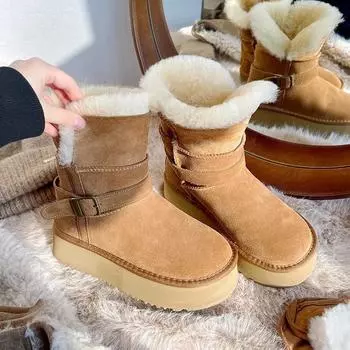 Chaobunnan women s shoes Sangpo platform snow boots 2024 new winter velvet thickened fur integrated Northeast cotton shoes 35 малиновый