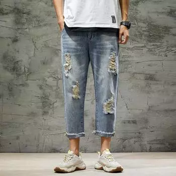 Chaopai ins летние тонкие свободные джинсовые капри с тонким вырезом, уличные брюки-нищие, мужские брюки 28