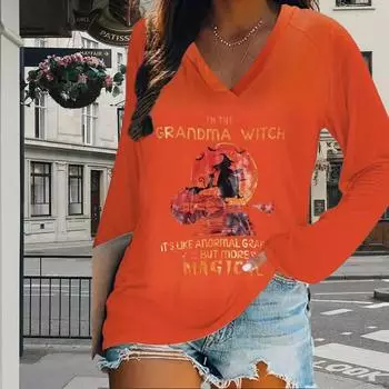 Чаоян принт женские футболки женские топы с длинным рукавом V-образный вырез пуловер женские футболки футболка для женщин XS чёрный