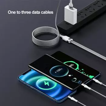Charging Cord Anti-Interference Plug 3-In-1 Stable Output Fast Multifunctional 6A And Charging Braided Usb Charging Cable зелёный