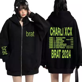 Charli Xcx Brat Tour Толстовка с капюшоном на молнии для мужчин и женщин, модная толстовка в стиле Харадзюку в стиле хип-хоп, кардиган, повседневная свободная флисовая куртка, уличная одежда S