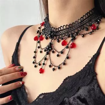 Charm Crystal Beads Necklace Tassel Lace Strand Necklace Gothic Multilayer Choker Ladies Girls чёрный