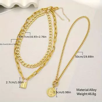 Charm Cuban Chain Punk 1Set Fashion Multilayer Round Shape Portrait Pendant OT Buckle Paperclip Chain Necklace золотистый