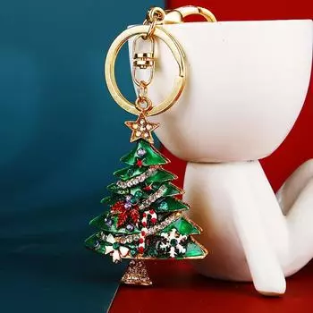 Charm Enamel Rhinestone Pendant Creative Christmas Tree Key Ring Christmas Keychain New Year красный