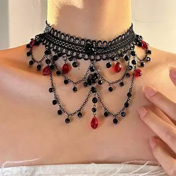 Charm Gothic Multilayer Choker Tassel Lace Strand Necklace Retro Crystal Beads Necklace Party чёрный
