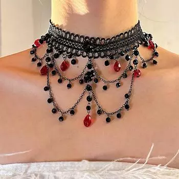 Charm Gothic Multilayer Choker Tassel Lace Strand Necklace Crystal Beads Necklace Ladies Girls чёрный