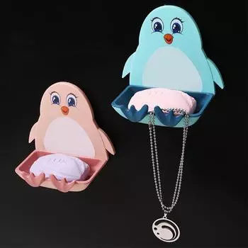 Подвеска для мыла без перфорации в ванной комнате, симпатичная мультяшная мыльница, стойка для слива белья, настенная мыльница, модный простой маленький пингвин розовый