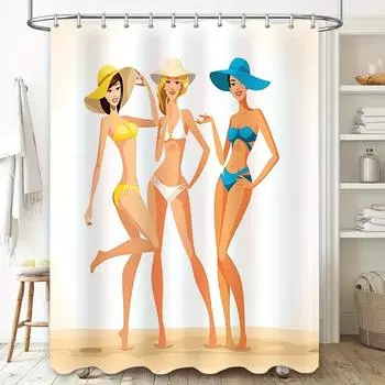 Charming Beach Ladies Shower Curtain Add a Touch of Summer to Your Bathroom with Elegant Bikini Girls Design Waterproof Durable W90xH180cm