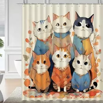 Charming Cats in Cozy Outfits Waterproof Mildew-Resistant Shower Curtain - Whimsical Design for a Playful Bathroom Dcor W90XH180cm