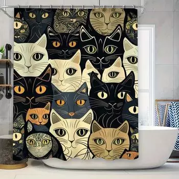 Charming Cats Shower Curtain Black White with Yellow Accents Pattern Decorative Bath Linen Waterproof Fabric Various Sizes Avail 90x180cm