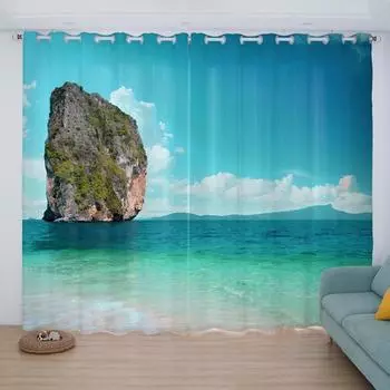 Charming Flower Curtains Blue Sea Beach Curtains Natural Scenery Curtains for Bedroom Living Room Kitchen Window Blinds cortinas (50Wx50H)x2(CM)&Rod Pocket