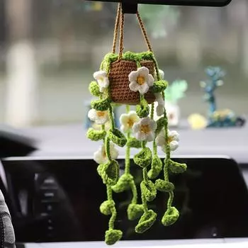 Charming Handmade Crochet Potted Plant Car Mirror Hanging Decor - Soft, Adjustable Rope for Safe Driving, Perfect Gift Idea White Flowers