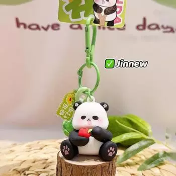 Charming Panda Fluffy Keychain Fun Zoo Character Keyring Colorful Resin Design Material Sitting Apple