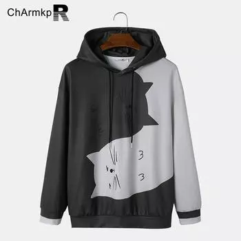 ChArmkpR Осенние мужские толстовки с длинным рукавом и принтом в стиле пэчворк, свободные пуловеры с капюшоном S серый