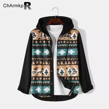 ChArmkpR Этнические мужские толстовки с капюшоном и геометрическим принтом в стиле пэчворк на пуговицах спереди S чёрный