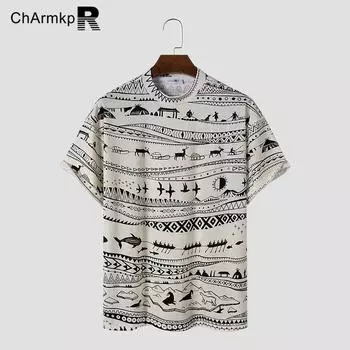 ChArmkpR Летние мужские топы с круглым вырезом и короткими рукавами с этническим принтом S бежевый