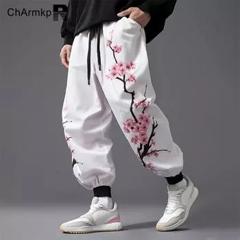ChArmkpR Мужские брюки-шаровары с эластичной резинкой на талии и принтом S белый