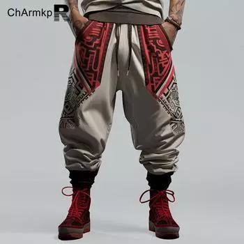 ChArmkpR Мужские брюки-шаровары с этническим племенным принтом и завязками на талии 2XL серый