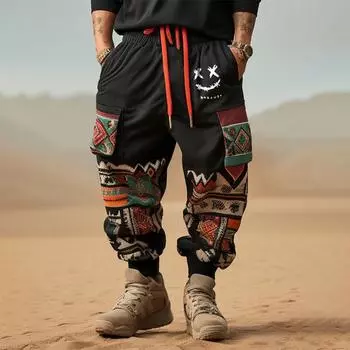ChArmkpR Мужские брюки в стиле пэчворк с этническим геометрическим принтом и завязками, брюки с эластичной резинкой на талии S чёрный