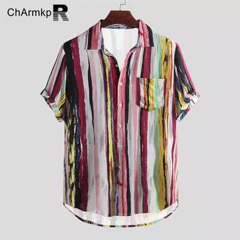ChArmkpR Мужские летние разноцветные полосатые рубашки с короткими рукавами и нагрудным карманом с граффити