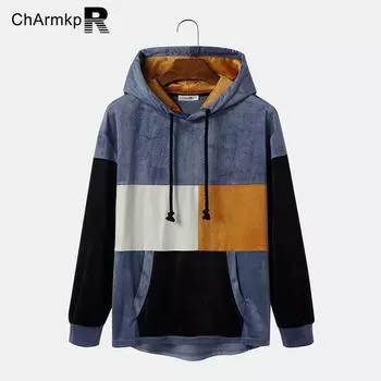 ChArmkpR Мужские лоскутные флисовые толстовки на шнурке, пуловеры с капюшоном S синий