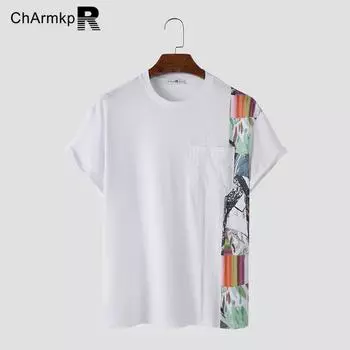 ChArmkpR Мужские лоскутные футболки с принтом и карманами на пуговицах, топы с короткими рукавами S белый
