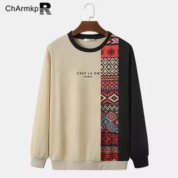 ChArmkpR Мужские лоскутные толстовки с длинными рукавами в этническом стиле S хаки