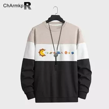 ChArmkpR Мужские лоскутные топы с длинными рукавами и принтом цветных блоков, пуловеры S красный